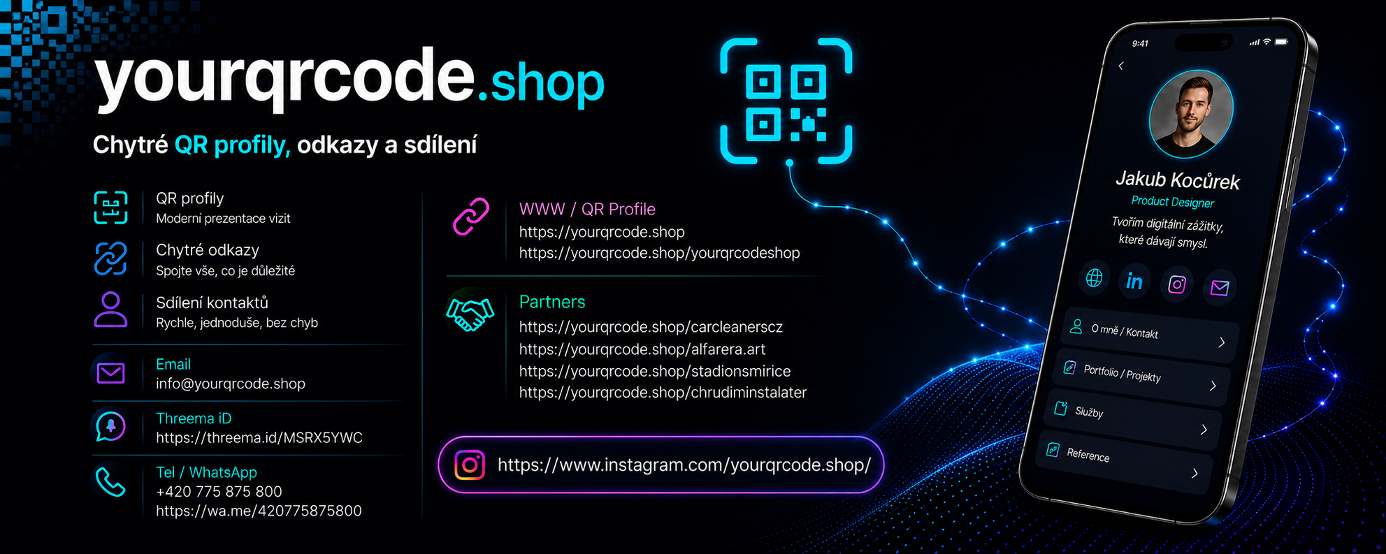 Chytrý QR profil s kontakty, odkazy, tlačítky a vizitkou do telefonu. Vše důležité pro zákazníka přehledně na jednom místě.