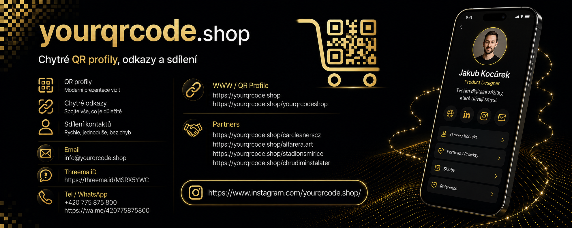 Chytrý QR profil s kontakty, odkazy, tlačítky a vizitkou do telefonu. Vše důležité pro zákazníka přehledně na jednom místě.